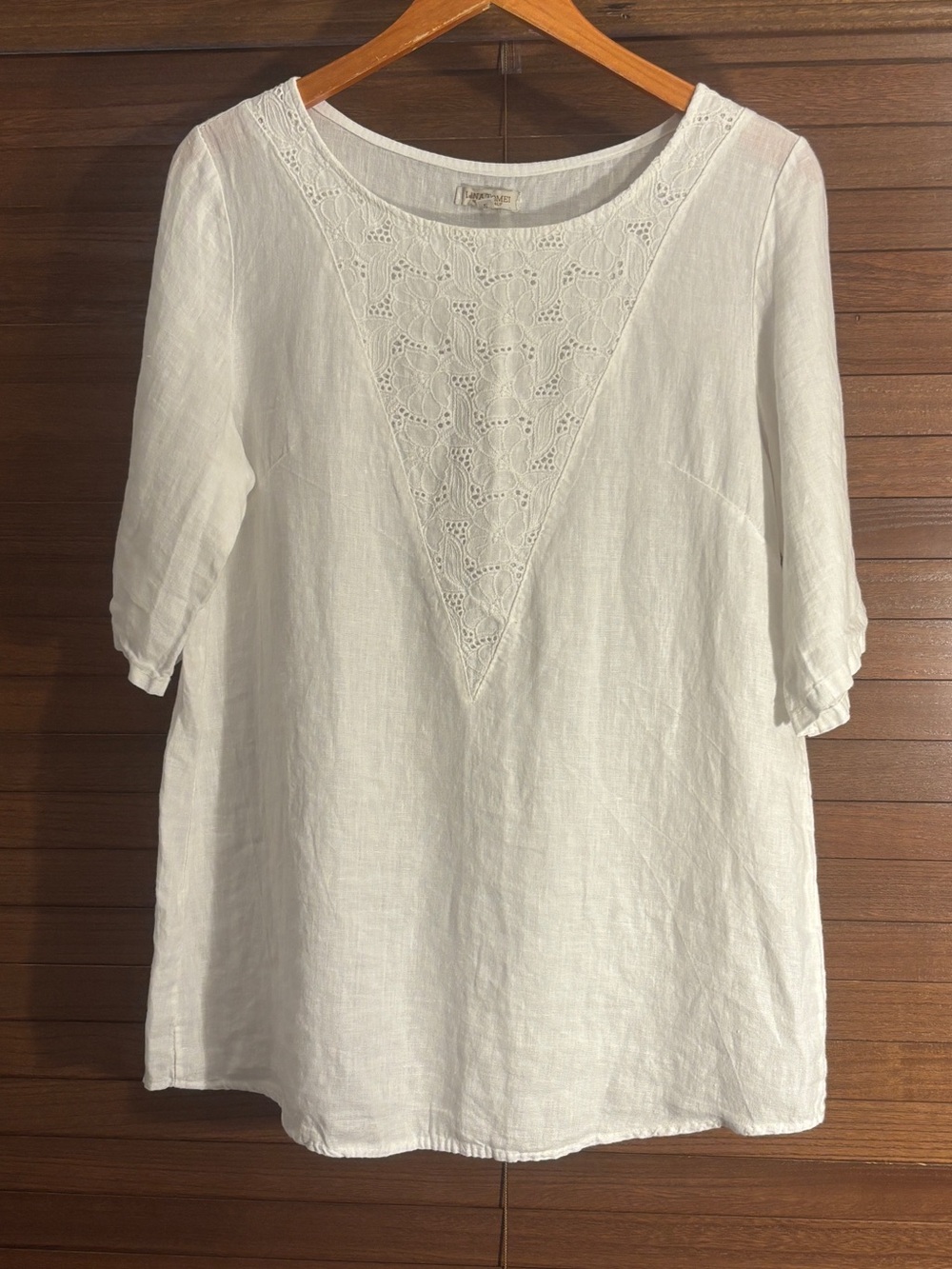 Lina Tomei White 100% Linen Embroidered Eyelet Tunic Top Blouse